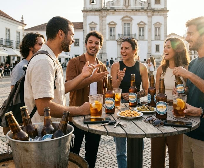 Amigos numa esplanada com garrafas de Matejo