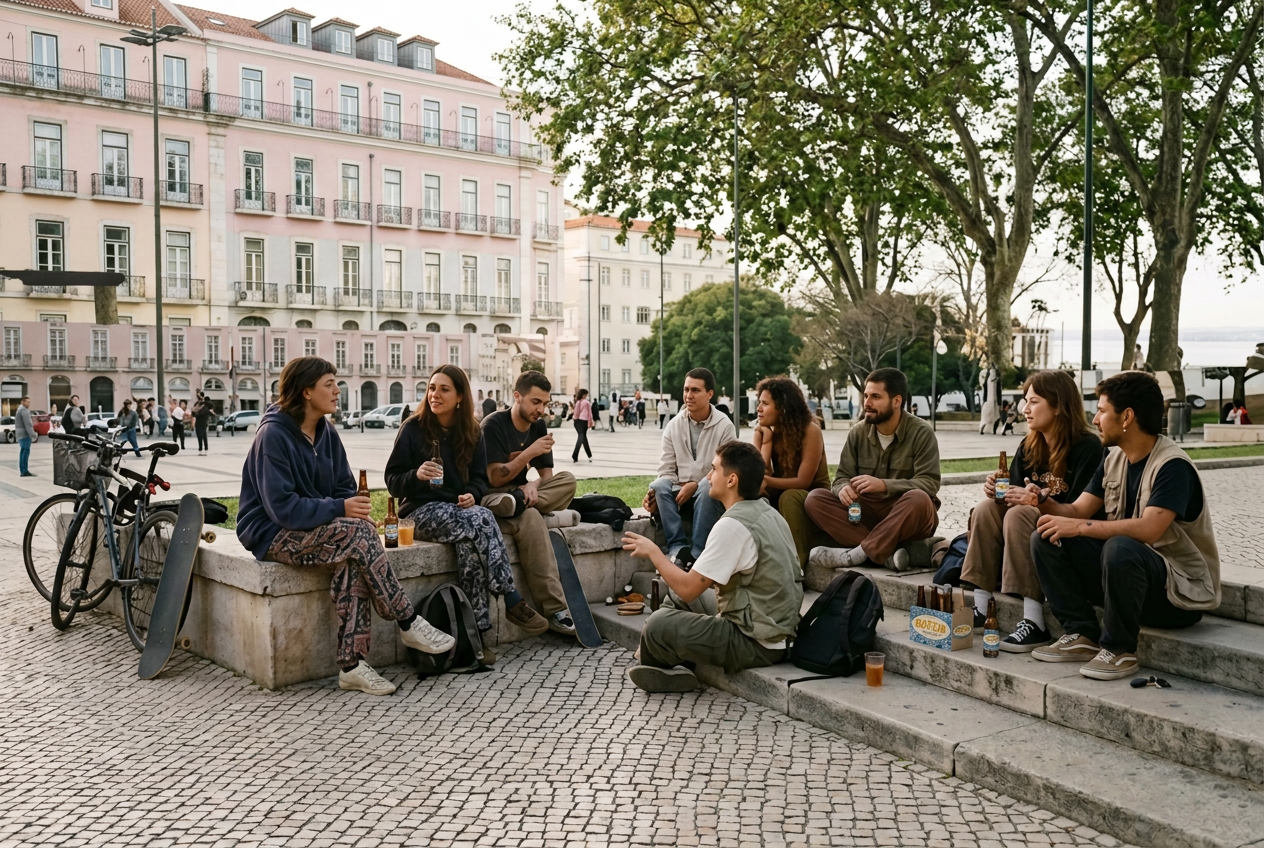 Grupo diverso de jovens adultos a conversar numa praça urbana